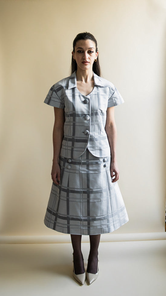 Tailored Short Sleeve Button Down Blouse in Grey Check