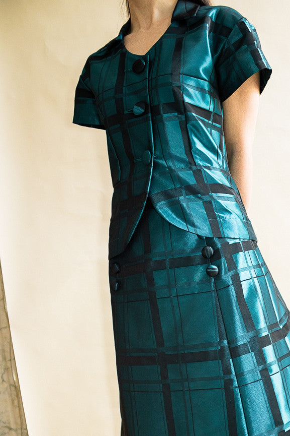 Tailored Short Sleeve Button Down Blouse in Teal Check