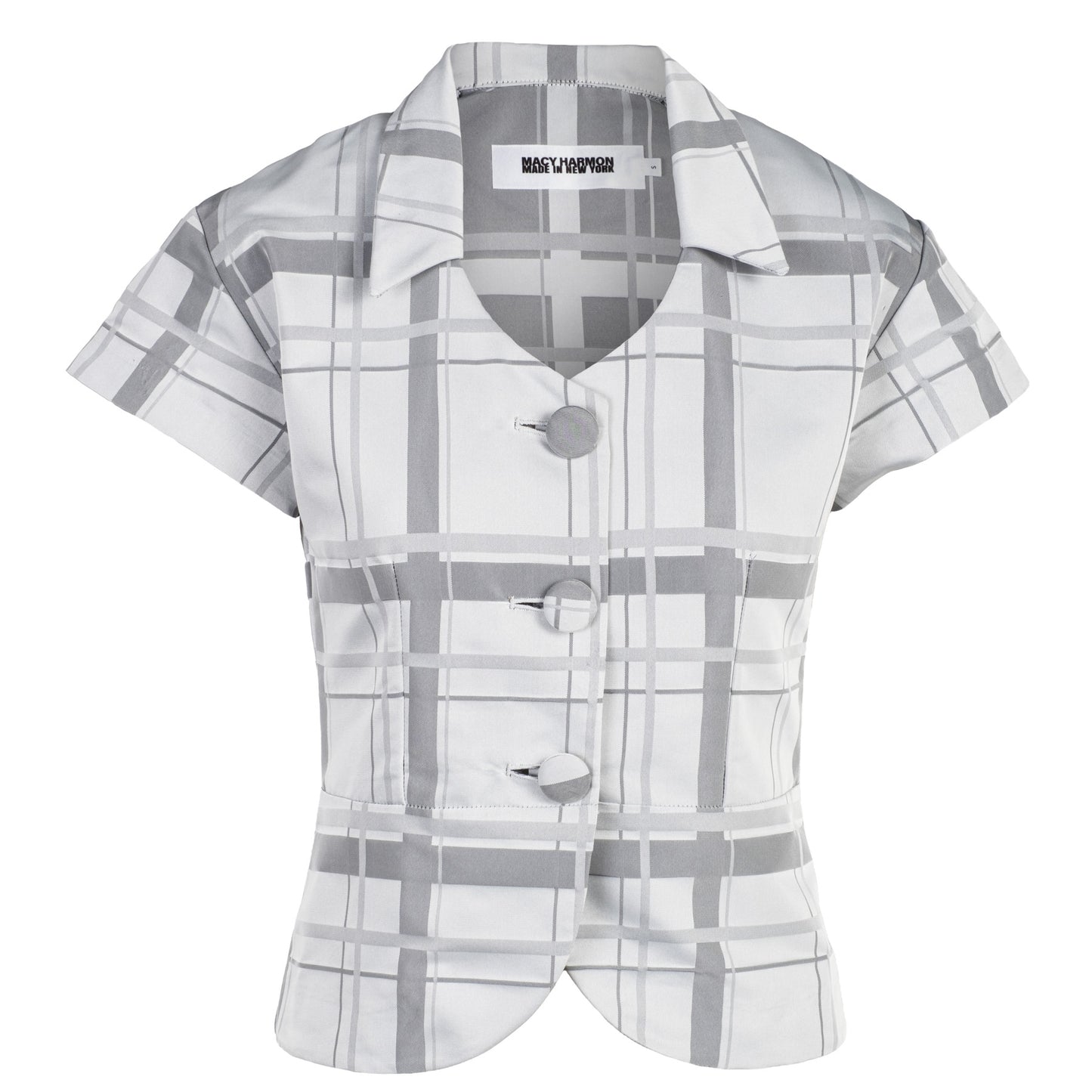 Tailored Short Sleeve Button Down Blouse in Grey Check
