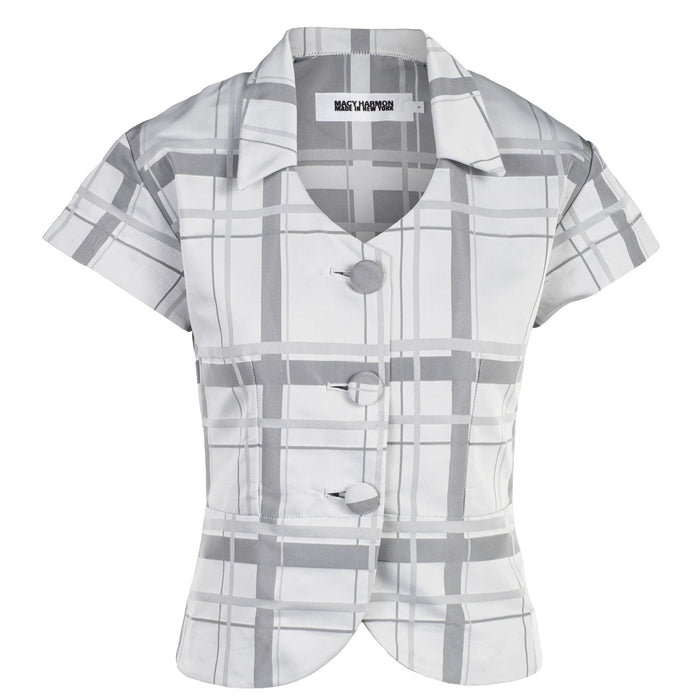 Short Sleeve Button Down Blouse in Grey Check