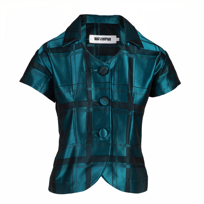 Short Sleeve Button Down Blouse in Teal Check