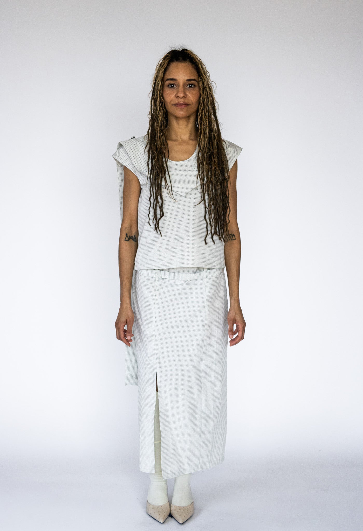 Belted Skirt in White Dot