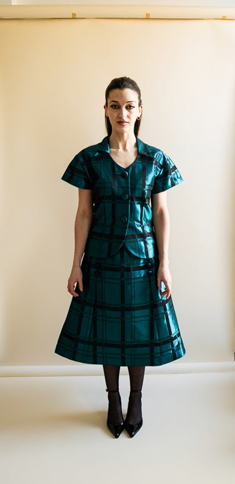 Tailored A-line Skirt in Teal Check