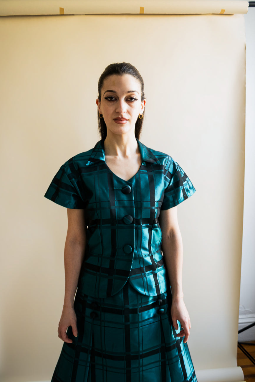 Short Sleeve Button Down Blouse in Teal Check